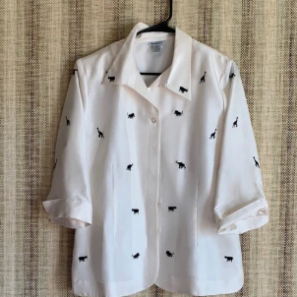 Silks By LSC White Blouse with Black Animal Print Size MP 100% Silk Women Shirt